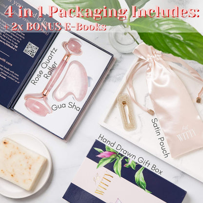 WITTY Rodillo de cuarzo rosa para cara, piedra Gua Sha en caja de r...