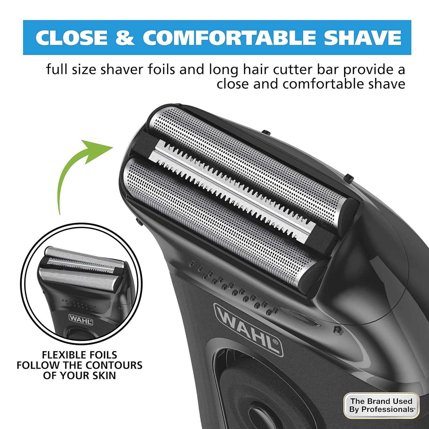 Wahl Kit compacto de afeitadora de iones de litio recargable con láminas higiénicas enjuagables y barra cortadora con láminas flexibles dobles que se mueven con los contornos de tu cara - 7065