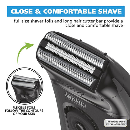 Wahl Kit compacto de afeitadora de iones de litio recargable con láminas higiénicas enjuagables y barra cortadora con láminas flexibles dobles que se mueven con los contornos de tu cara - 7065