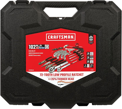 CRAFTSMAN Kit de herramientas de 102 piezas para el hogar y el automóvil, juego de herramientas manuales duraderas con juego de dados SAE y métricos, destornilladores, llave inglesa, martillo