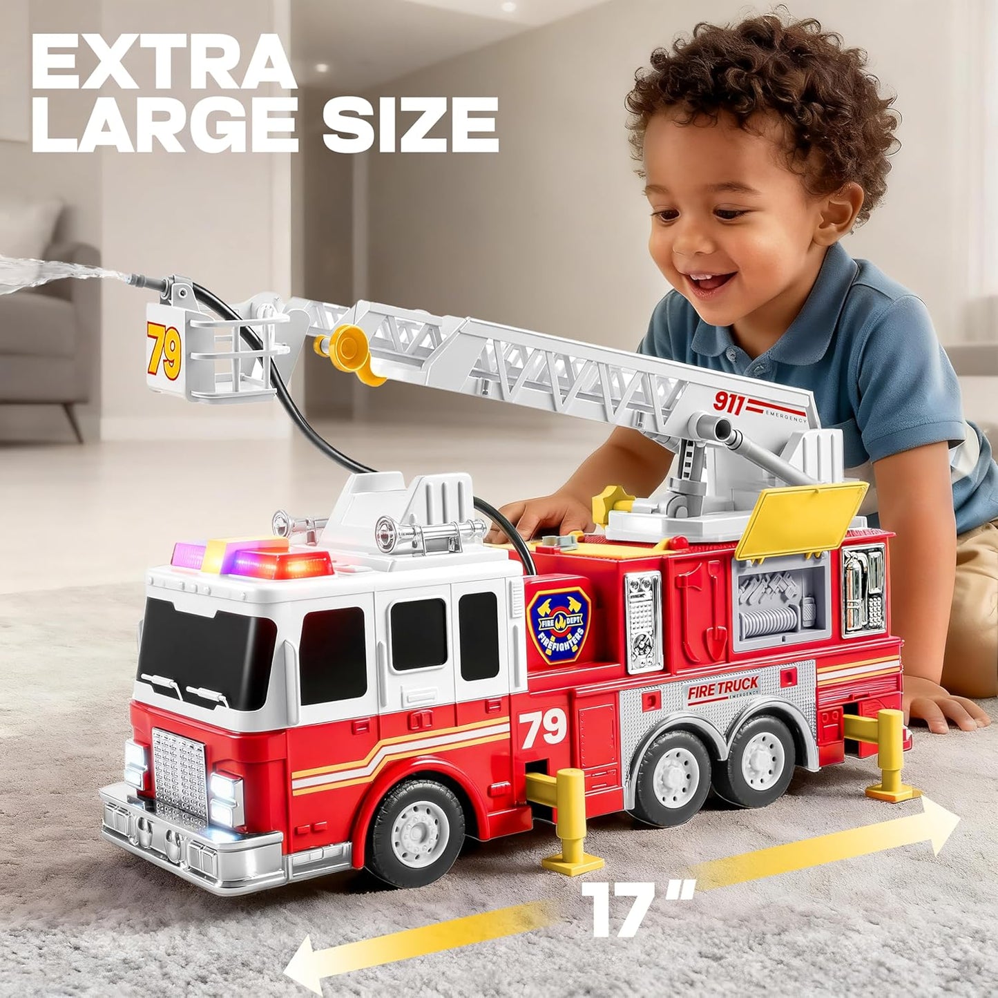 JOYIN Camión de Bomberos Extra Grande para Niños Pequeños con Escalera de 33 Pulgadas, Luces y Bomba Rociadora, Vehículo de Emergencia Grande, Juguetes para Niños de 3, 4, 5, 6, 7 Años de Edad, Regalo