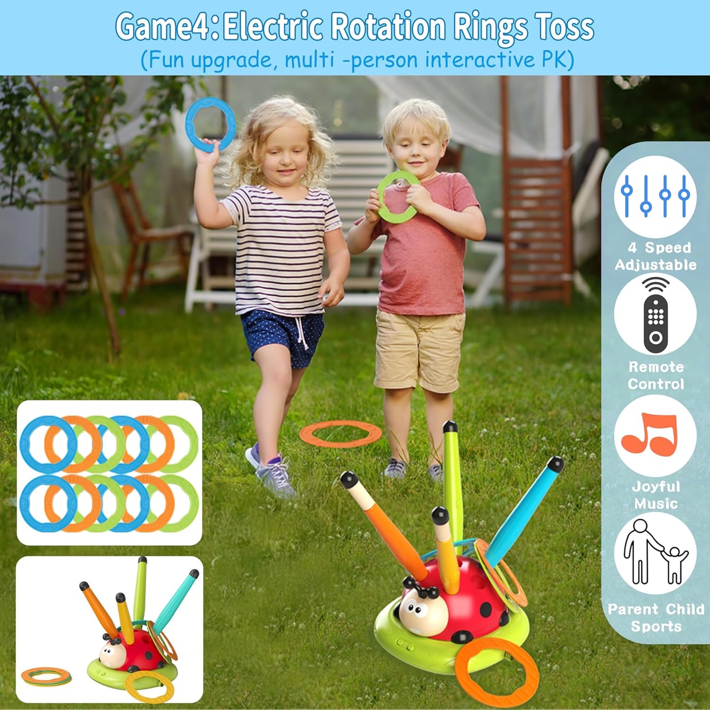 Juego de salto musical 4 en 1, juego de lanzamiento de anillos, juguetes de béisbol y lanzador de cohetes de lanzamiento por pisoteo para niños, juguetes y juegos con control remoto, juguetes para
