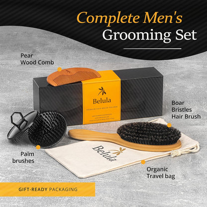 Belula Juego de cepillo de pelo 100% de cerdas de jabalí para hombres. Cepillo suave para cabello fino, normal y corto. Cepillo de cerdas de jabalí y peine de madera para hombres. Incluye 2 cepillos de palma y bolsa de viaje incluidos.