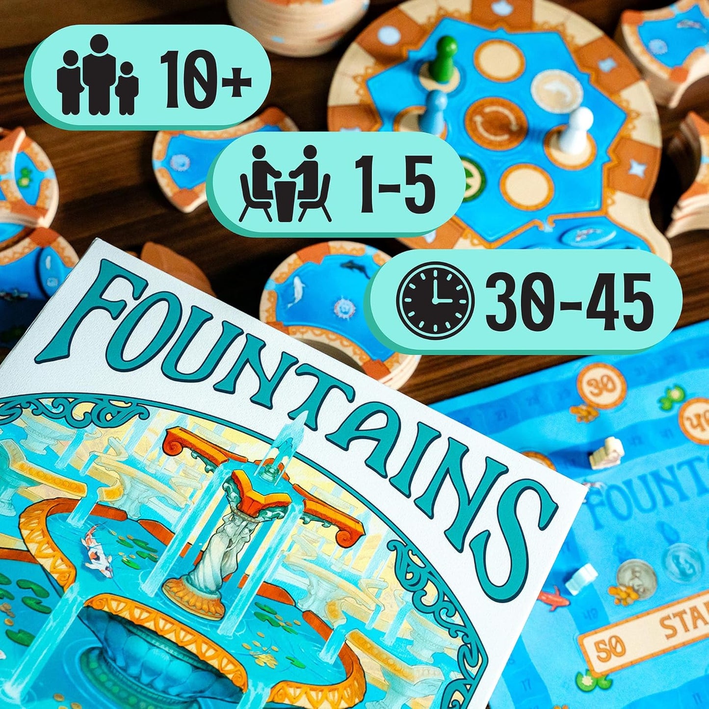 Juego de mesa Fountains, juego competitivo de colocación de azulejos y estrategia, impresionante estética Art Nouveau, 1-5 jugadores, único apilamiento 3D y reclutamiento, amigable para la familia y