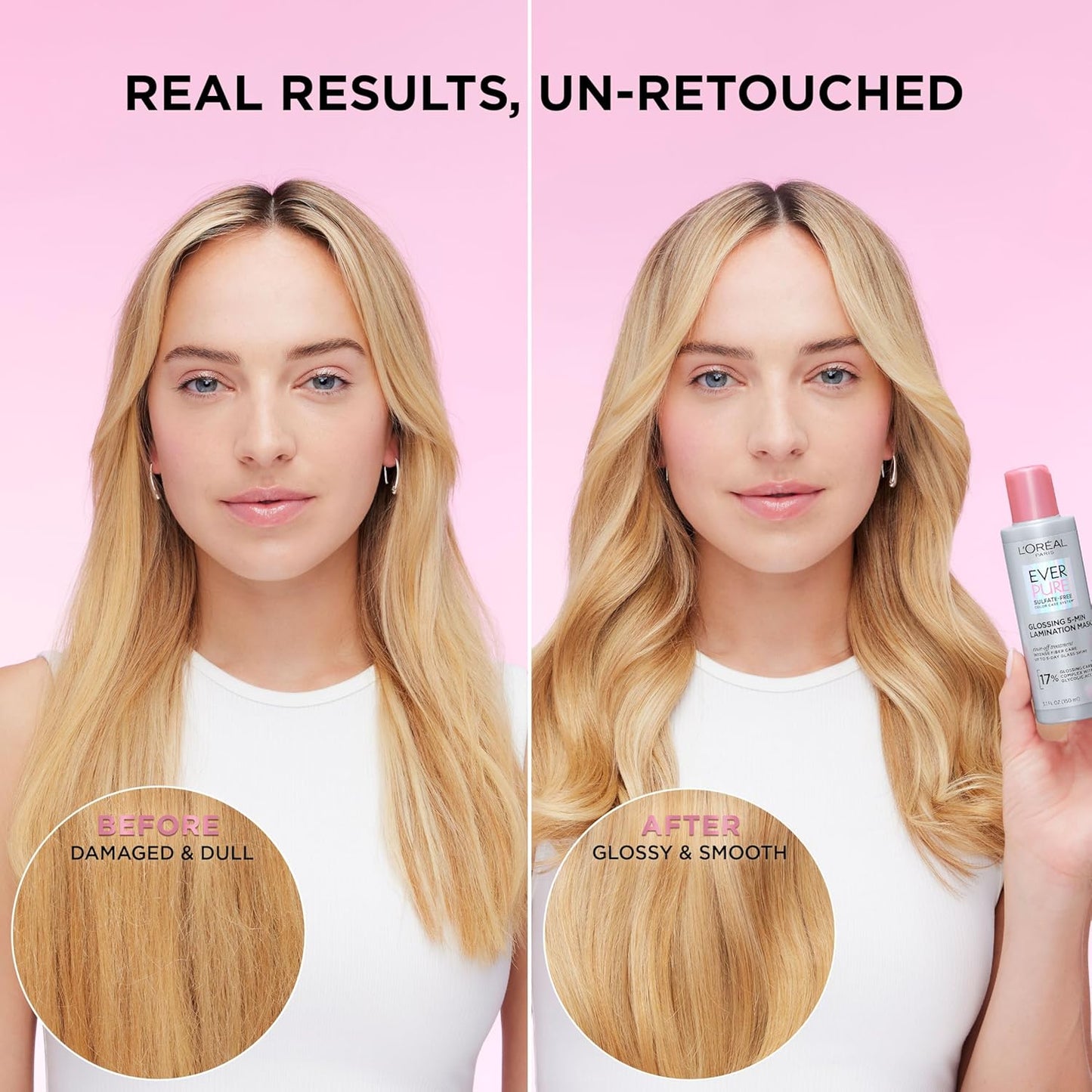 L'Oreal Paris Máscara capilar de laminación Glossing con ácido glicólico, tratamiento capilar para un brillo duradero y suavidad para cabello opaco y seco, EverPure, 5.1 onzas líquidas
