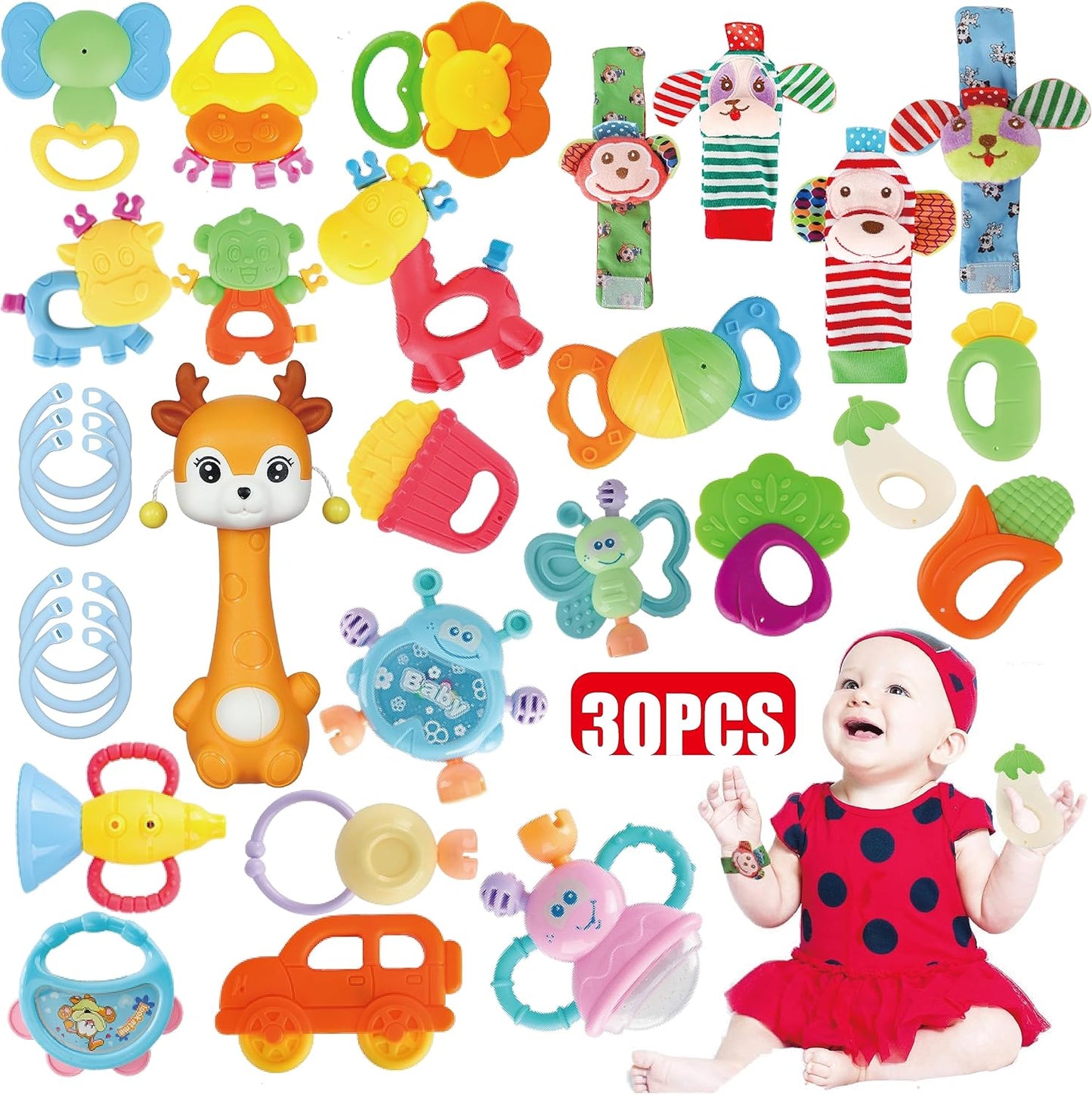 Cocurb Juego de 30 piezas de juguetes de bebé de alto contraste para bebés, sonajeros, juguetes de dentición y calcetines de muñeca, adecuado para 6 meses, regalo perfecto para bebés para niños y