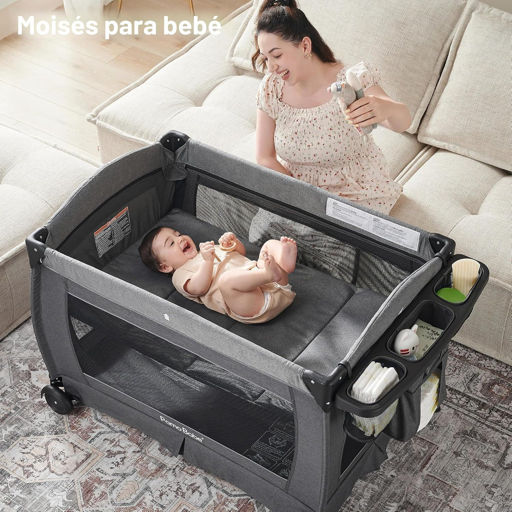 Pamo Babe Pack and Play 4 en 1 - Corral para bebés con moisés y cam...