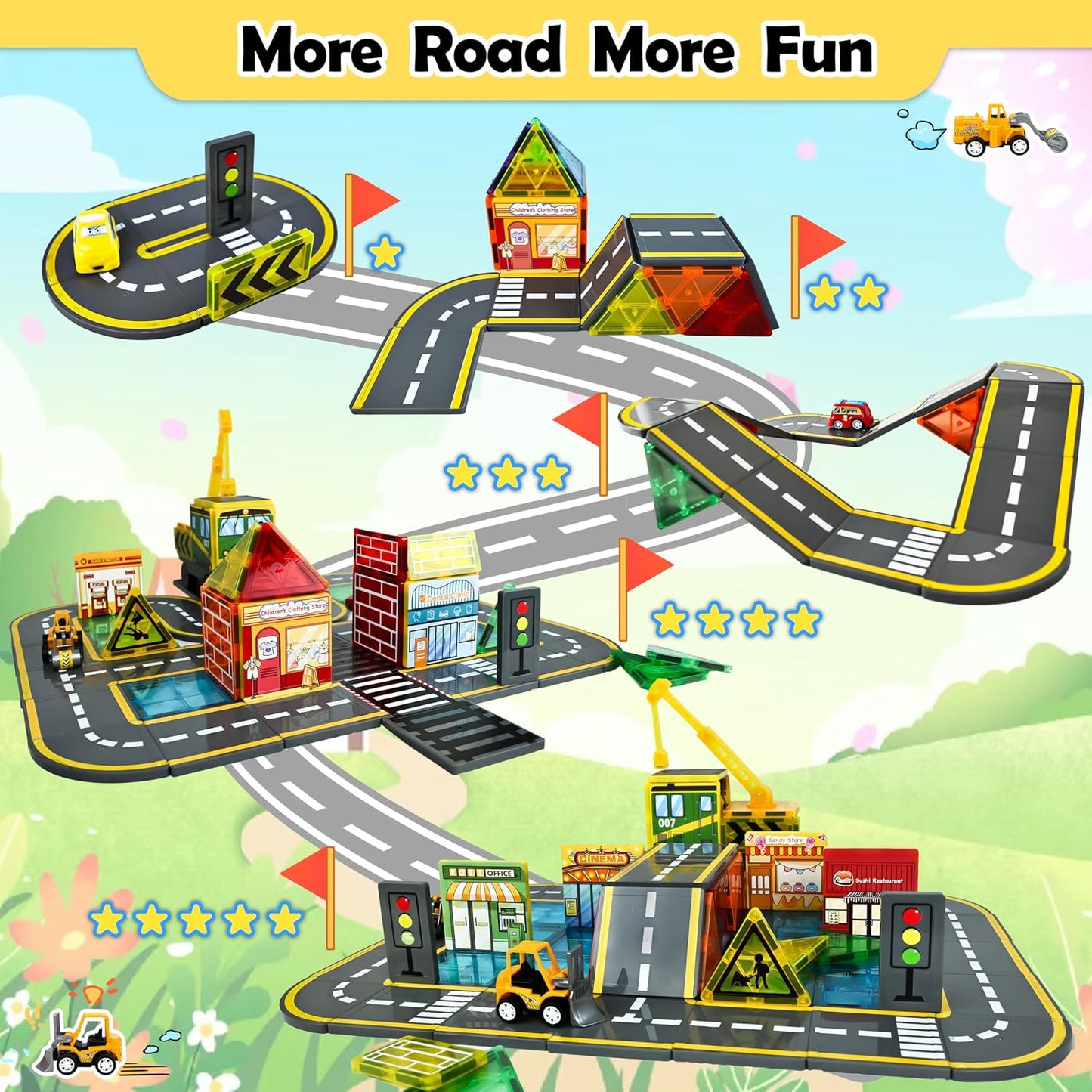 Drofex Juego de azulejos magnéticos para carretera con 2 grúas magn...