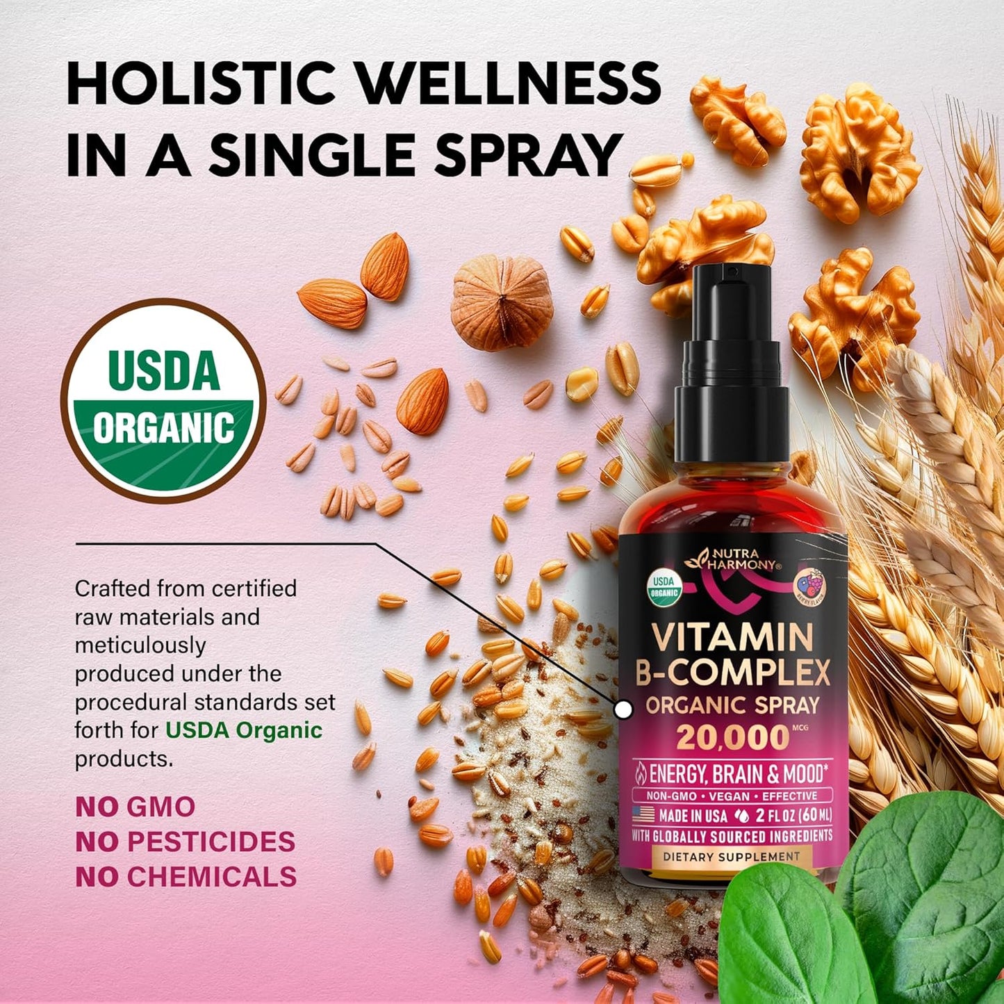 Spray Líquido de Vitamina B-Complex Orgánico USDA 8-en-1 - Ácido Pa...