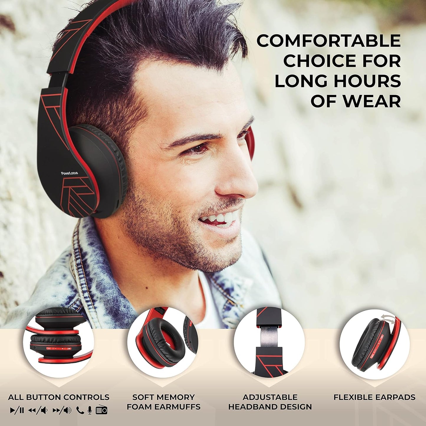 PowerLocus - Audífonos Bluetooth sobre las orejas, estéreo inalámbr...