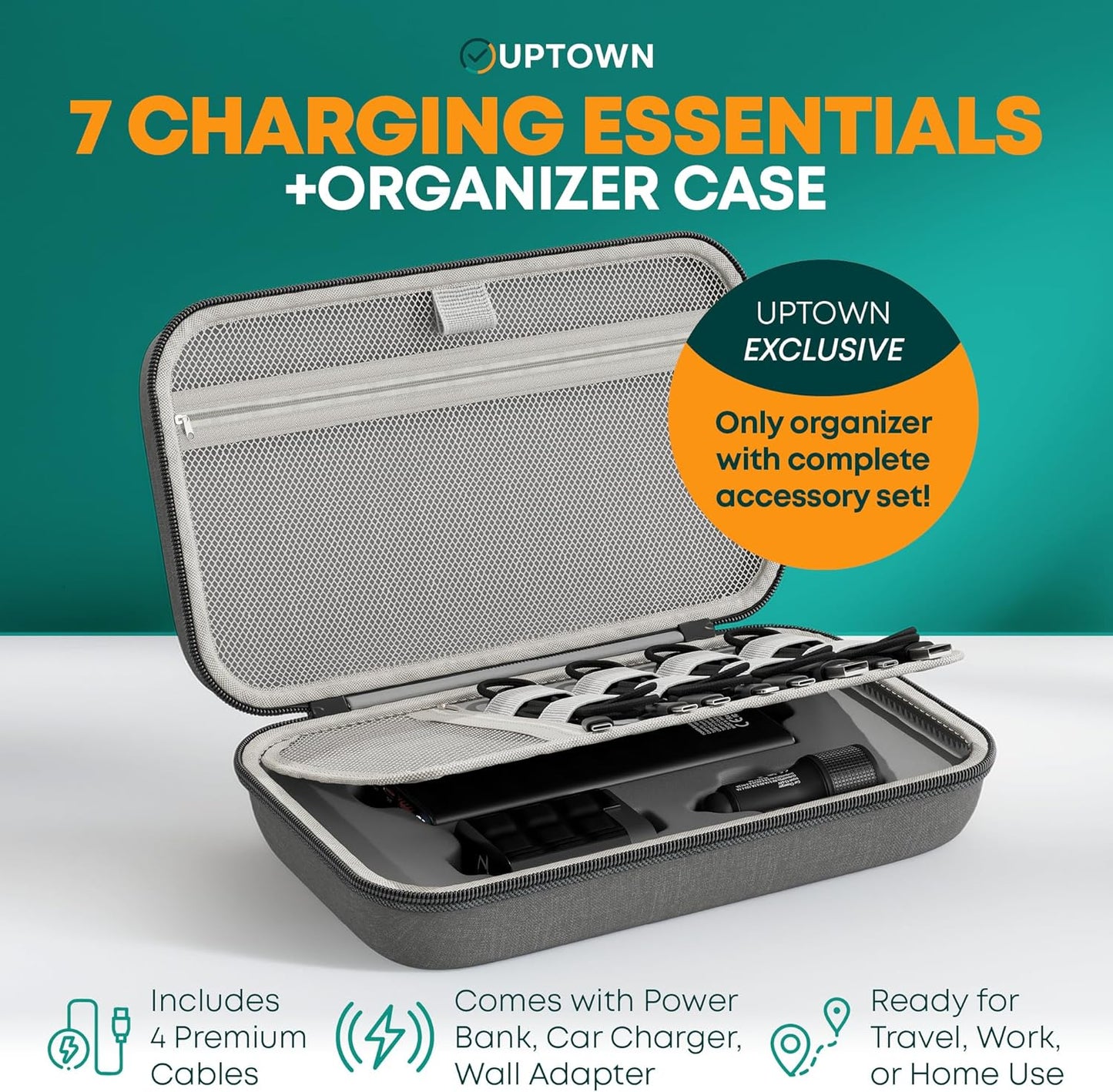 Uptown Paquete de tecnología de carga de viaje de 7 piezas, cargador portátil de 10,000 mAh, adaptador de pared GaN de 45 W, cargador de automóvil de 48 W y 4 cables con organizador de cables, esenciales de viaje para teléfonos, tabletas y computadoras po