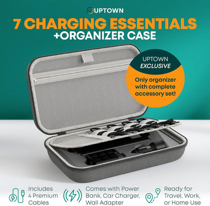 Uptown Paquete de tecnología de carga de viaje de 7 piezas, cargador portátil de 10,000 mAh, adaptador de pared GaN de 45 W, cargador de automóvil de 48 W y 4 cables con organizador de cables, esenciales de viaje para teléfonos, tabletas y computadoras po