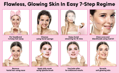 Kit de vapor facial con 17 herramientas para el cuidado de la piel, vaporizador facial nano iónico para limpieza profunda, desobstruye los poros, humidificador de vapor cálido para cara, sauna en casa, spa, regalos de cuidado personal para mujeres