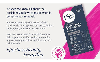 VEET Tiras de cera de azúcar para depilación corporal de mujer, kit de depilación de bikini, púbico, dermatológicamente probado para áreas corporales e íntimas, 40 tiras de cera con manteca de karité
