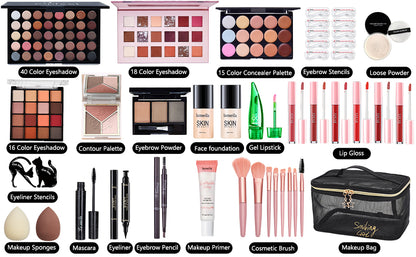 Kit de maquillaje todo en uno para mujer, kit completo de maquillaje, juego de regalo de maquillaje para mujer, paquete esencial de maquillaje incluye base, imprimación facial, paleta de sombras de