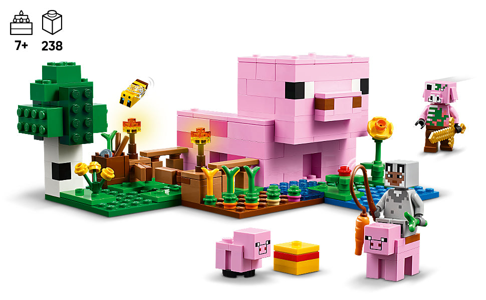 LEGO Minecraft - Figuras de juguete y juego de La Casa del Cerdito Bebé, juguete de construcción de Minecraft para niños, niños y niñas, a partir de 7 años, regalo para cumpleaños, con 2 minifiguras