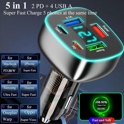 Cargador De Teléfono De Coche Usb C De 5 Puertos Con Panta