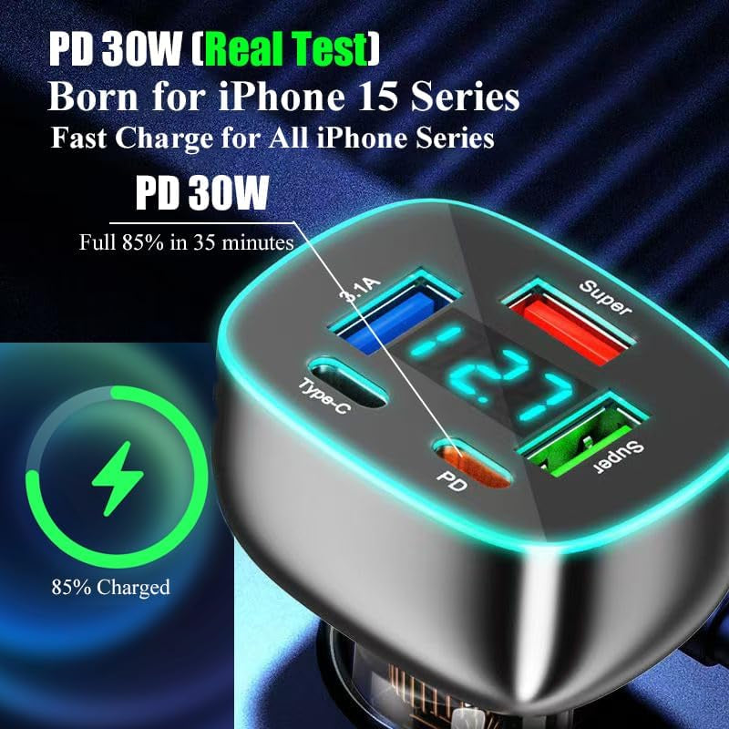 Cargador De Teléfono De Coche Usb C De 5 Puertos Con Panta