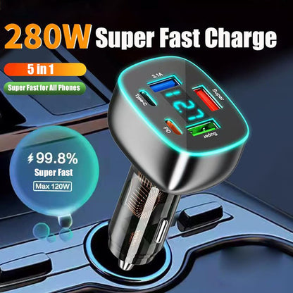 Cargador De Teléfono De Coche Usb C De 5 Puertos Con Panta