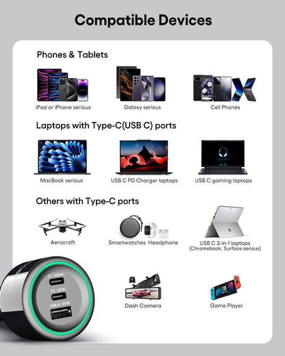 Wotobeus Cargador De Coche Usb C De 175 W Con 3 Puertos Con