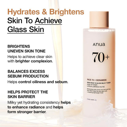 Anua Rice 70 Glow Milky Toner, Para Piel De Vidrio, Agua D