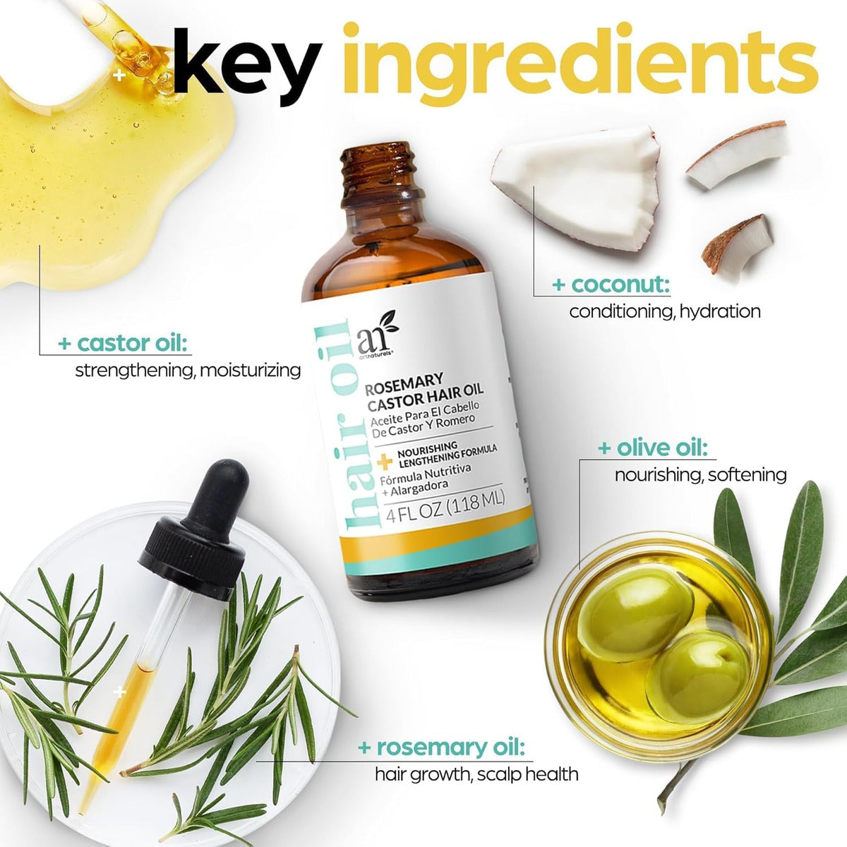 Artnaturals Aceite De Cabello Orgánico De Romero Y Ricino +