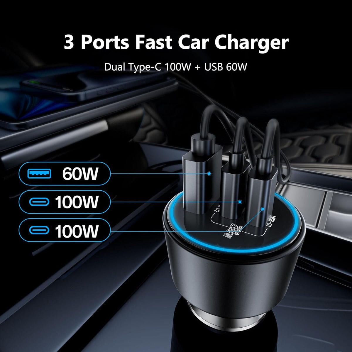Cargador De Coche Usb C De Carga Rápida De 200 W, Doble Pd 1