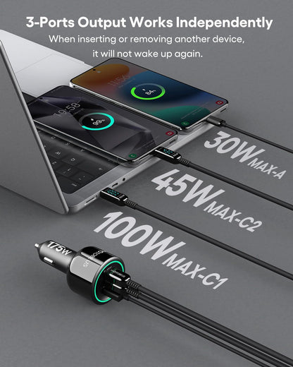 Wotobeus Cargador De Coche Usb C De 175 W Con 3 Puertos Con
