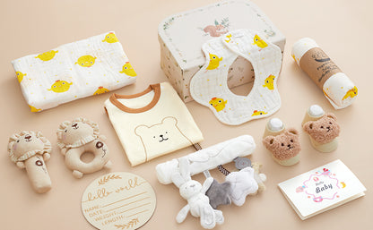 Golray 9 piezas Cestas de Regalo para Bebés Recién Nacidos para Niños y Niñas Baby Shower, 2 Sonajeros/Juguete Colgante de Asiento/Manta/Body/Babero/Calcetines 3D/Hito de Madera/Caja de Transporte