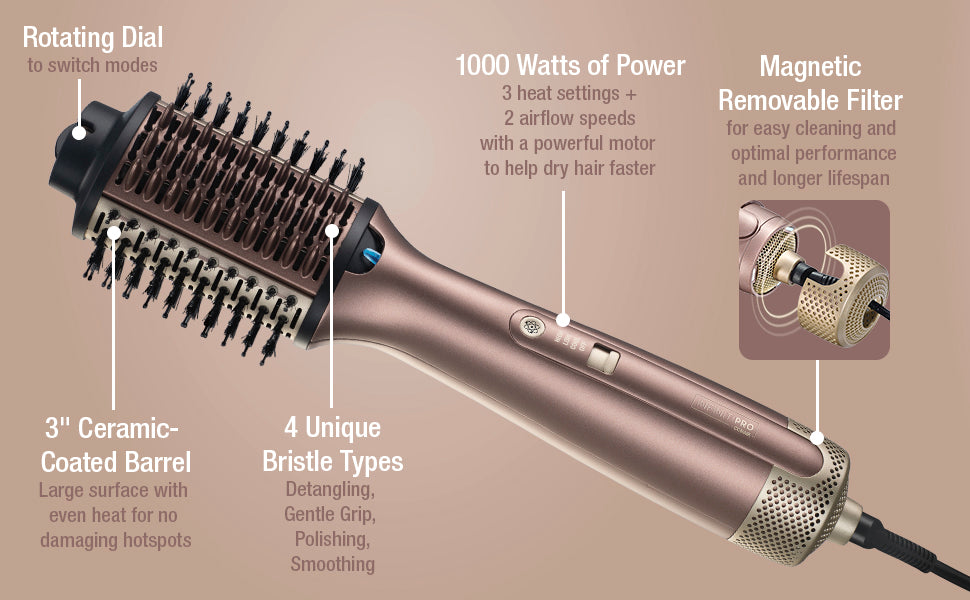 Infiniti PRO Conair - Cepillo secador de pelo 2 en 1, cepillo térmico para todo tipo de cabello, barril ovalado grande, 4 tipos de cerdas para dar volumen, suavizar y refrescar, malva moca