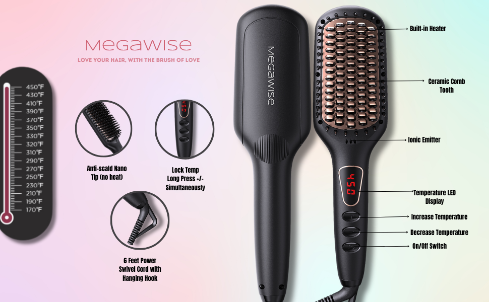 MEGAWISE Cepillo alisador de pelo iónico Pro Ceramic para salón en casa, cepillo alisador con tecnología de calefacción de 20 segundos, apagado automático, antiquemaduras con doble voltaje universal