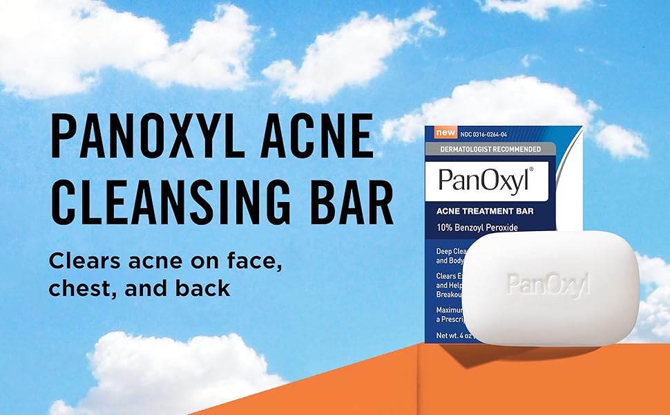PanOxyl Barra de tratamiento para el acné con peróxido de benzoilo al 10%, barra de acné de fuerza máxima para cara, pecho y espalda, limpiador corporal sin jabón, trata espinillas de acné, puntos