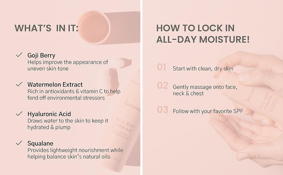 Karuna - Crema hidratante todo el día, crema facial antiarrugas fuera de set Sequedad y líneas finas - Hidratante facial hidratante, extracto de sandía antioxidante, ácido hialurónico, bayas de Goji y