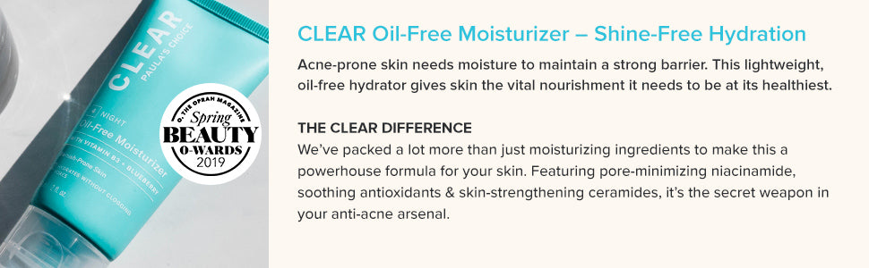 Paula's Choice CLEAR Hidratante facial sin aceite, crema facial ligera para piel propensa al acné, ácido hialurónico, niacinamida que minimiza los poros, antioxidantes calmantes, calma el