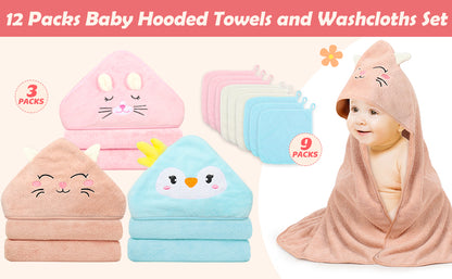 12 toallas de bebé con capucha, toallas suaves para bebé, toallas de baño absorbentes, 3 toallas de bebé y 9 paños de bebé para recién nacidos, niños pequeños y niños, toallas de bebé de 32 x 32