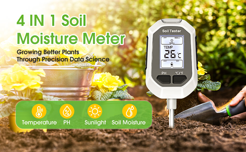 Medidor de Humedad del Suelo 4 en 1, Medidor Digital de Temperatura de Plantas/Prueba de Humedad del Suelo y Medidor de PH/Intensidad de Luz Solar, Pantalla LCD con Retroiluminación para