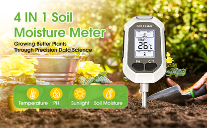 Medidor de Humedad del Suelo 4 en 1, Medidor Digital de Temperatura de Plantas/Prueba de Humedad del Suelo y Medidor de PH/Intensidad de Luz Solar, Pantalla LCD con Retroiluminación para
