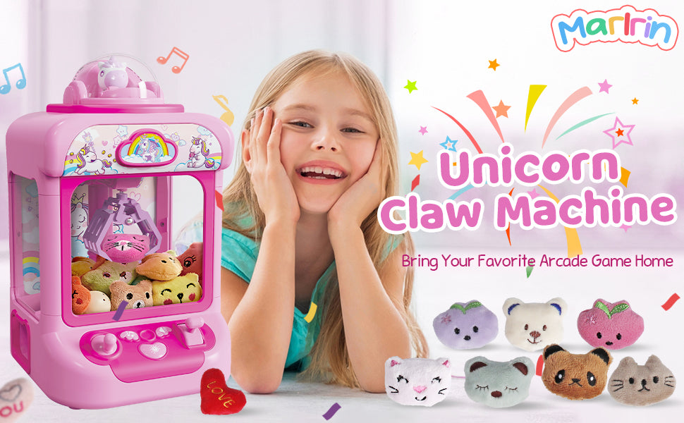 Marlrin Máquina de Garra para Niños, Mini Máquina Expendedora Juguetes de Unicornio para Niñas, Agarrador de Dulces Dispensador de Premios con Sonido y 20 Mini Juguetes de Peluche, Juego de Arcade