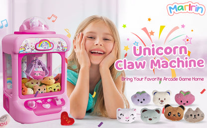 Marlrin Máquina de Garra para Niños, Mini Máquina Expendedora Juguetes de Unicornio para Niñas, Agarrador de Dulces Dispensador de Premios con Sonido y 20 Mini Juguetes de Peluche, Juego de Arcade