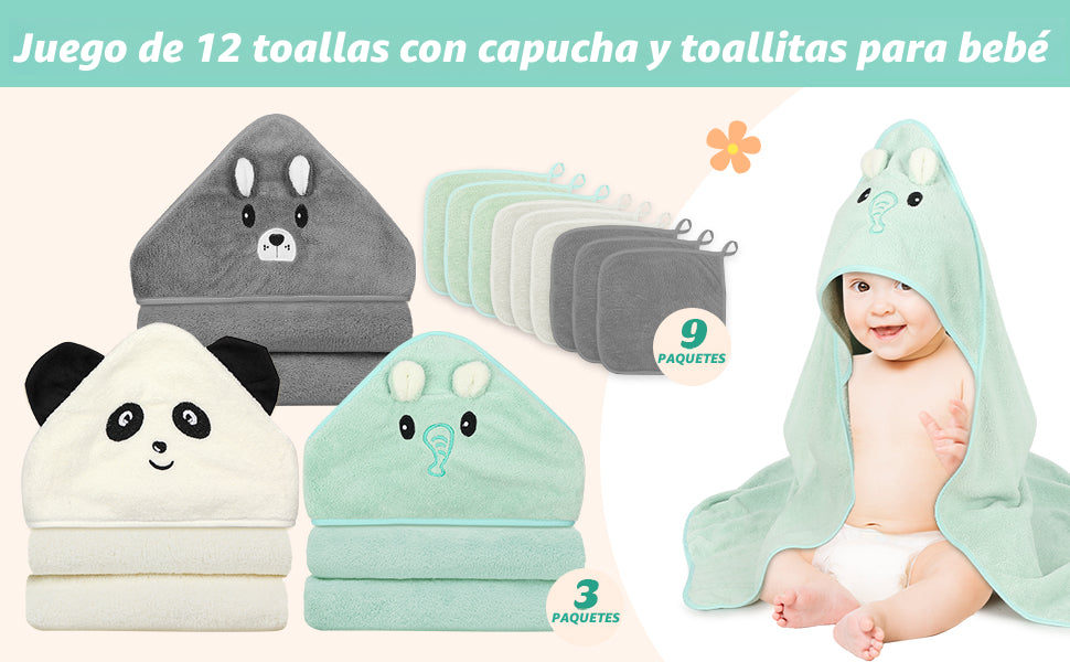 12 toallas de bebé, 3 toallas suaves con capucha y 9 paños de baño, toallas de baño para recién nacidos, bebés y niños pequeños, ultra absorbentes, lindas toallas de bebé de regalo para niños