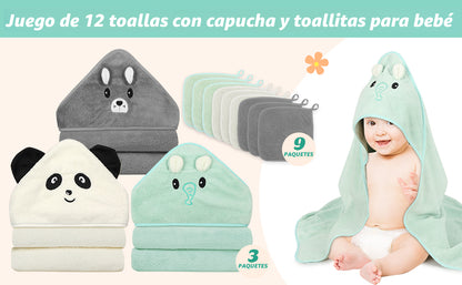 12 toallas de bebé, 3 toallas suaves con capucha y 9 paños de baño, toallas de baño para recién nacidos, bebés y niños pequeños, ultra absorbentes, lindas toallas de bebé de regalo para niños