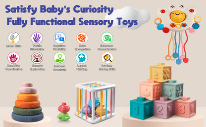 Juguetes Montessori para Bebés - Mordedor de Cuerda, Bloques Apilables, Contenedor de Formas Sensoriales, Diversión para la Hora del Baño Infantil, Juguetes 4 en 1 para Niños y Niñas