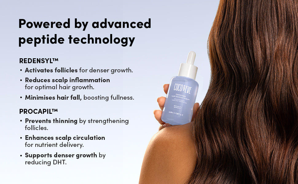 Coco & Eve Boost Therapy - Suero tripeptídico de densidad del cabello. Para cabello más grueso y lleno. Anti-pérdida de cabello y desprendimiento, tratamiento ligero para el cuero cabelludo con biotina y cafeína para volumen y restauración (2.03 onzas líq
