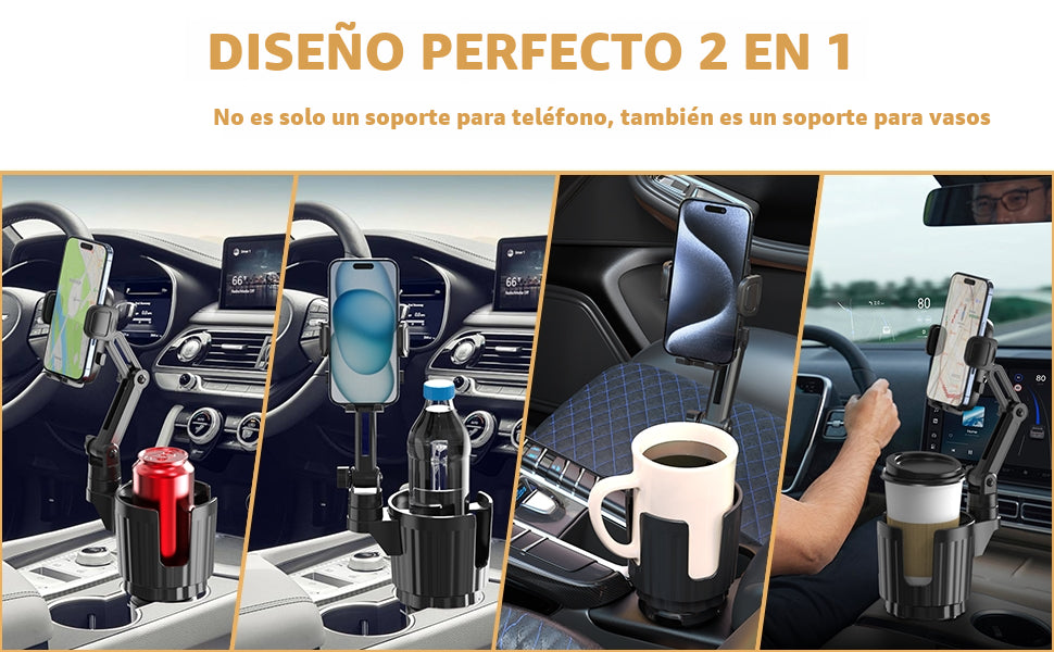 Soportes de teléfono para tu coche, expansor de portavasos universal 2 en 1 con base ajustable y soporte para teléfono, brazo largo con soporte de taza de rotación de 360° para teléfonos compatible