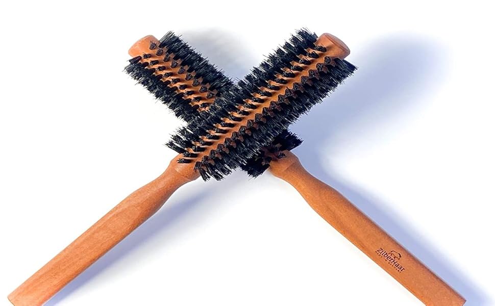 ZilberHaar - Cepillo redondo para cabello y barba Styler - Cerdas rígidas de jabalí de 1.3 pulgadas y mango de madera de perlado de 8.5 pulgadas - 222 tapones de cerdas - Cepillo de aseo de barba para hombres