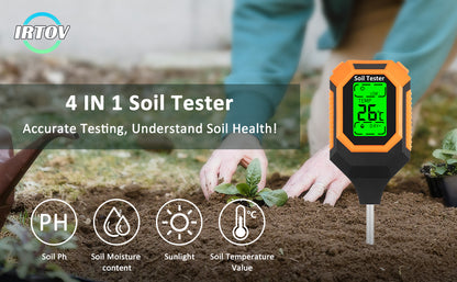 Medidor de Humedad del Suelo 4 en 1 Medidor Digital de pH/Humedad del Suelo/Temperatura de la Planta/Intensidad de Luz Solar, Pantalla LCD con Retroiluminación, Medidor de Prueba de Suelo para Jardín