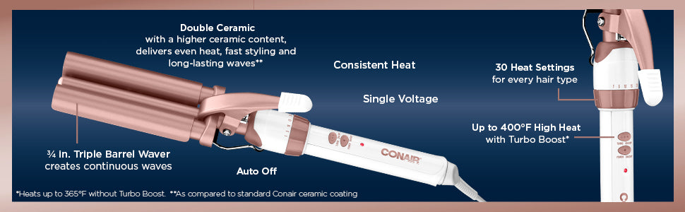 Conair Rizador de Cerámica Doble de 3 Barriles, Herramienta Onduladora de Triple Barril Crea Ondas Profundas y Continuas, Rizador de Cabello para Todas las Longitudes de Cabello, Blanco/Oro Rosa