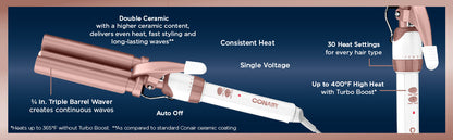 Conair Rizador de Cerámica Doble de 3 Barriles, Herramienta Onduladora de Triple Barril Crea Ondas Profundas y Continuas, Rizador de Cabello para Todas las Longitudes de Cabello, Blanco/Oro Rosa