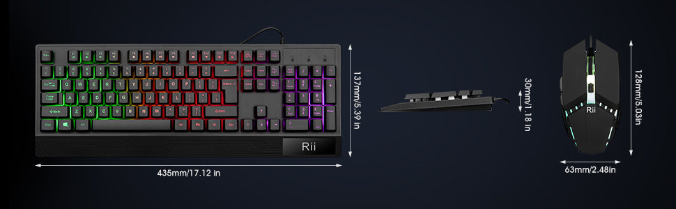 Rii, combo de teclado y mouse para juegos, teclado con cable USB, con 104 teclas, retroiluminación RGB LED con reposamuñecas para PC/Laptop (negro)