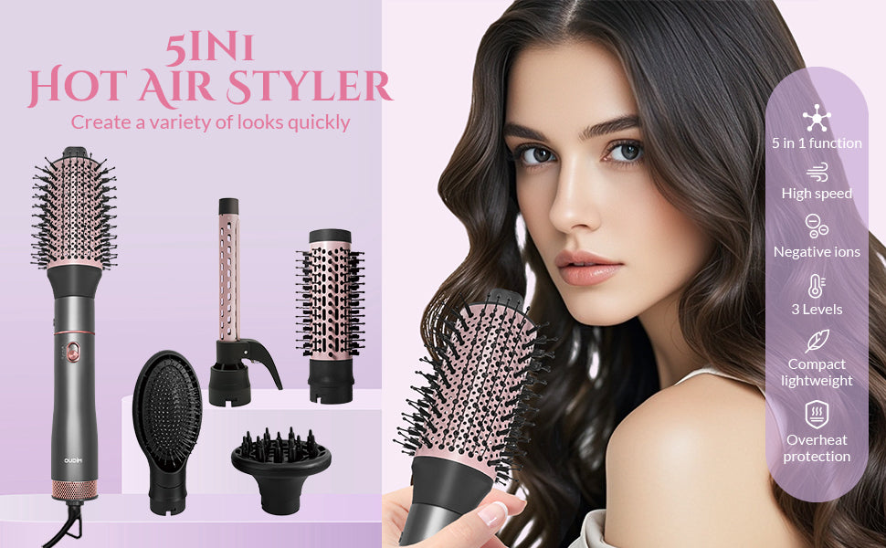 Juego de cepillo secador de pelo con iones negativos 5 en 1, cepillo secador de pelo con aire caliente con múltiples longitudes adecuado para diversas necesidades para rizar el cabello, 3